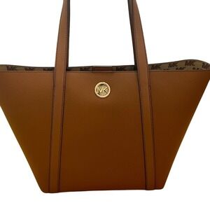 Michael Kors Tote Bag Brown Leather Gold MK‎ Logo Reversible